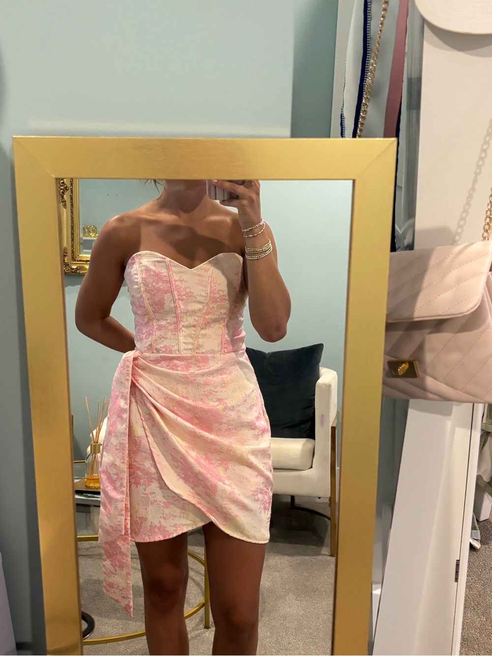 Storia Pink and Cream Strapless Floral Jacquard Mini Dress